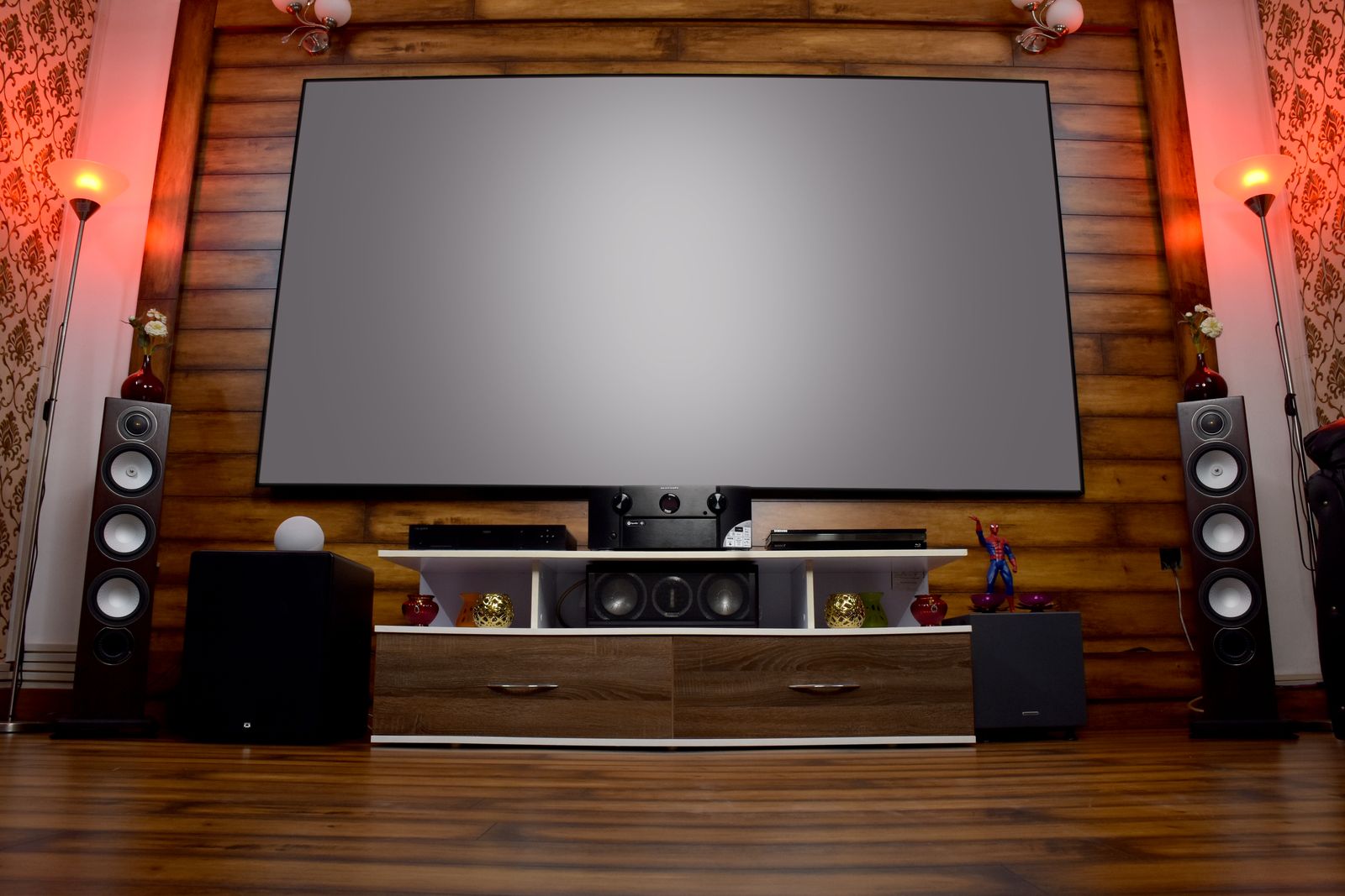 Custom home theater installation with surround sound and large screen